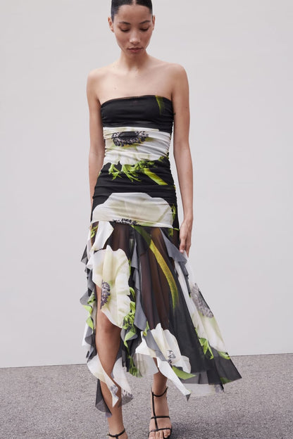 Gardenia Mesh Pleat Tube Midi Dress