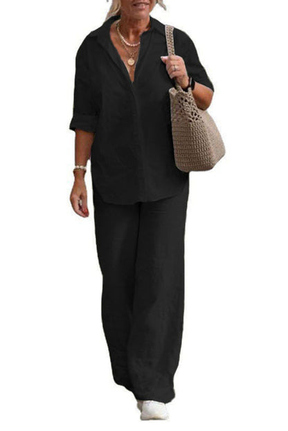 Color Long-sleeved Shirt and Elastic Waisted Loose Wide-leg Pants Set