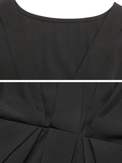 Loose Raglan Sleeve Elasticity Pleated Color Split-joint V-neck Mini Dresses