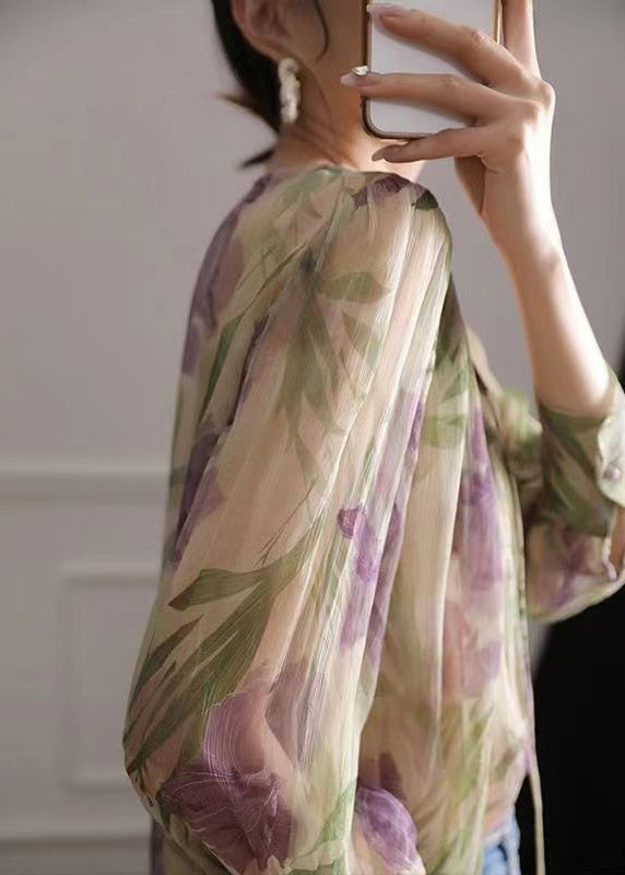 French Green Print Lace Up Chiffon Blouse Long Sleeve Ee009