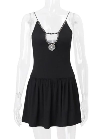 Deep V Neck Flower Mini Dress for Black New Spaghetti Strap Slim Fit Sleeveless Club Party Dress