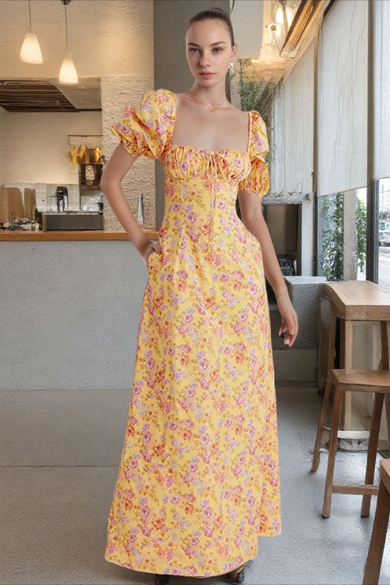 Print Square Neck Puff Sleeve Tie Maxi Dress