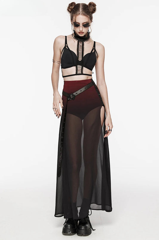 Gothic Daily Chiffon & Rubberized Knitted Perspective High Slit A-line Long Skirt