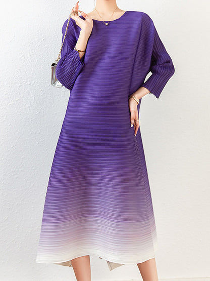 Original Long Sleeves Loose Pleated Gradient Round-neck Midi Dresses