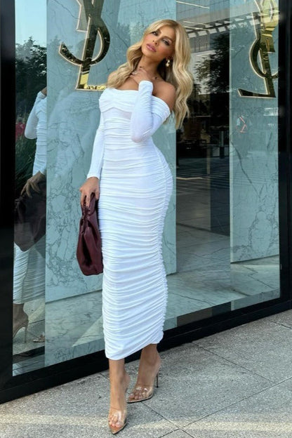 Color Off-shoulder Ruched Long Sleeve Maxi Dress
