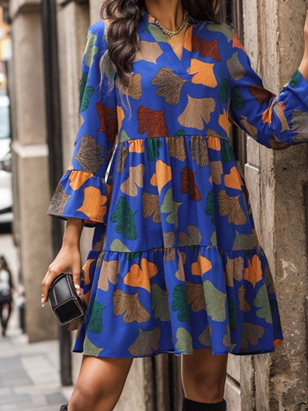 A-line Flared Sleeves Leaves Print Pleated Split-joint V-neck Mini Dresses