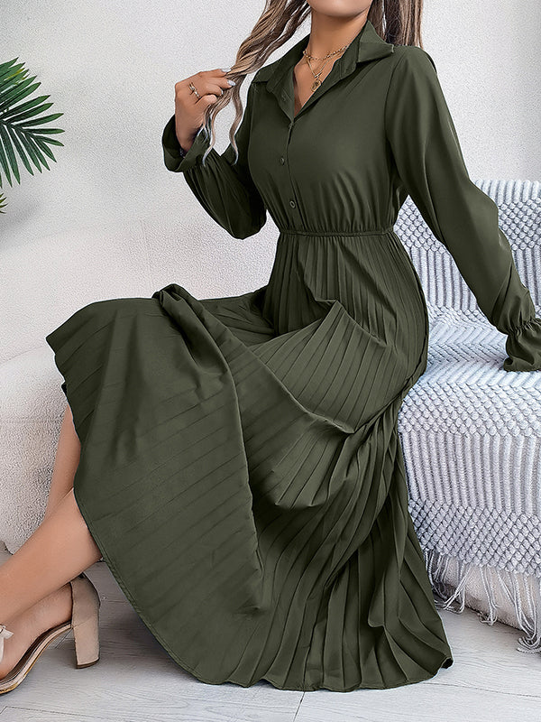 A-line Flared Sleeves Buttoned Elasticity Pleated Color Lapel Maxi Dresses