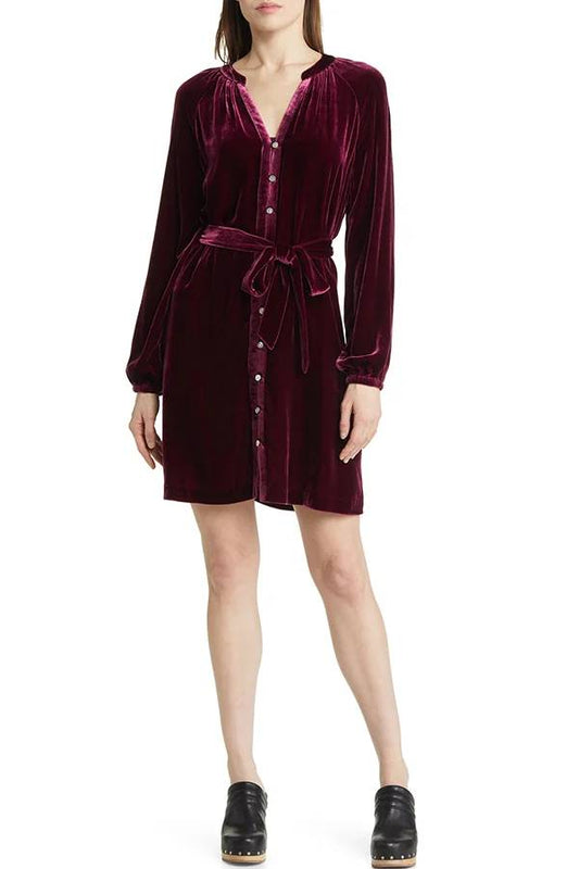 Color Velvet Long-sleeved V-neck Lace-up Mini Dress