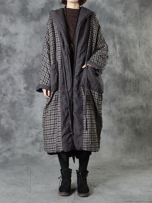 Autumn Plaid Colorblock 100%linen Hooded Coat Ah1083