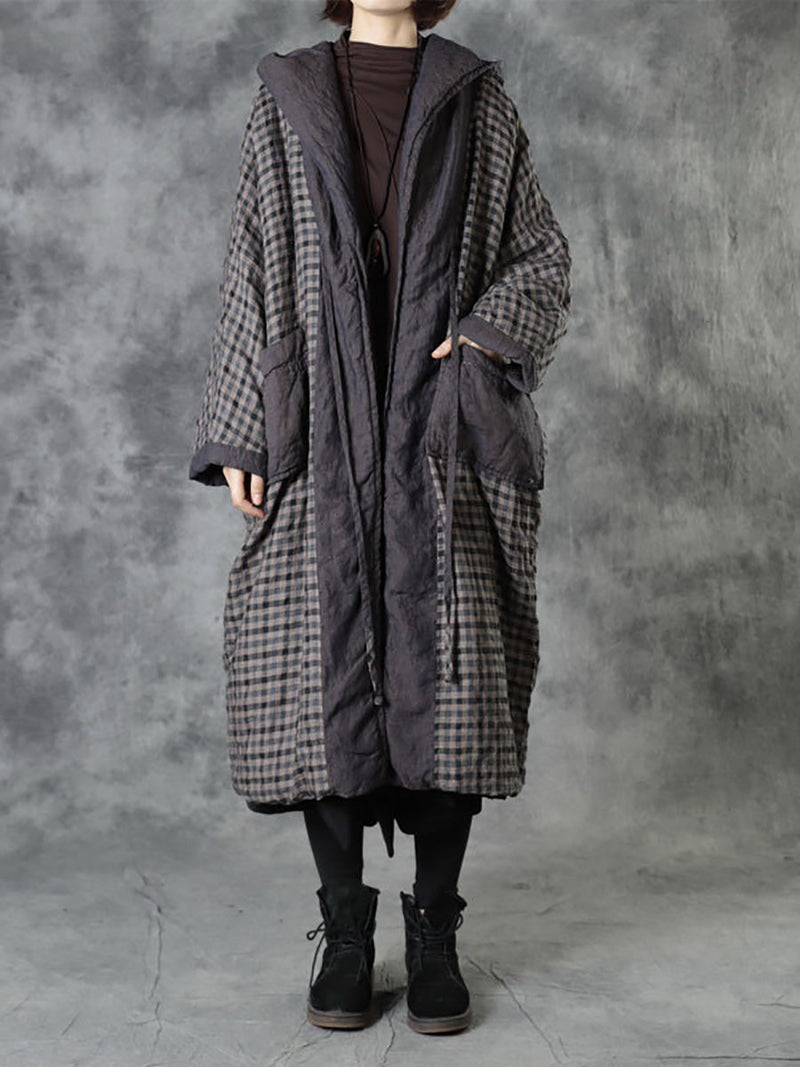 Autumn Plaid Colorblock 100%linen Hooded Coat Ah1083