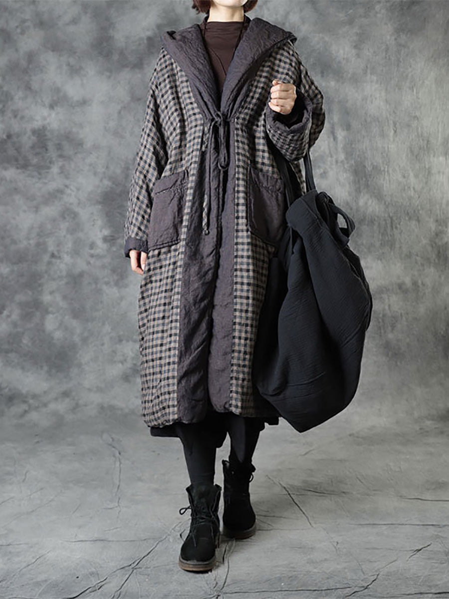 Autumn Plaid Colorblock 100%linen Hooded Coat Ah1083