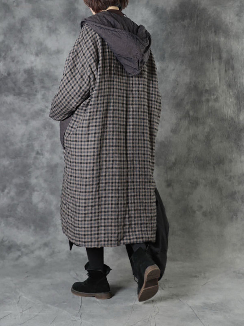 Autumn Plaid Colorblock 100%linen Hooded Coat Ah1083