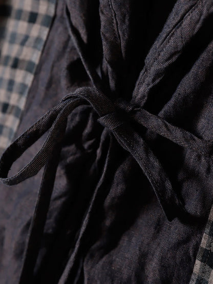 Autumn Plaid Colorblock 100%linen Hooded Coat Ah1083