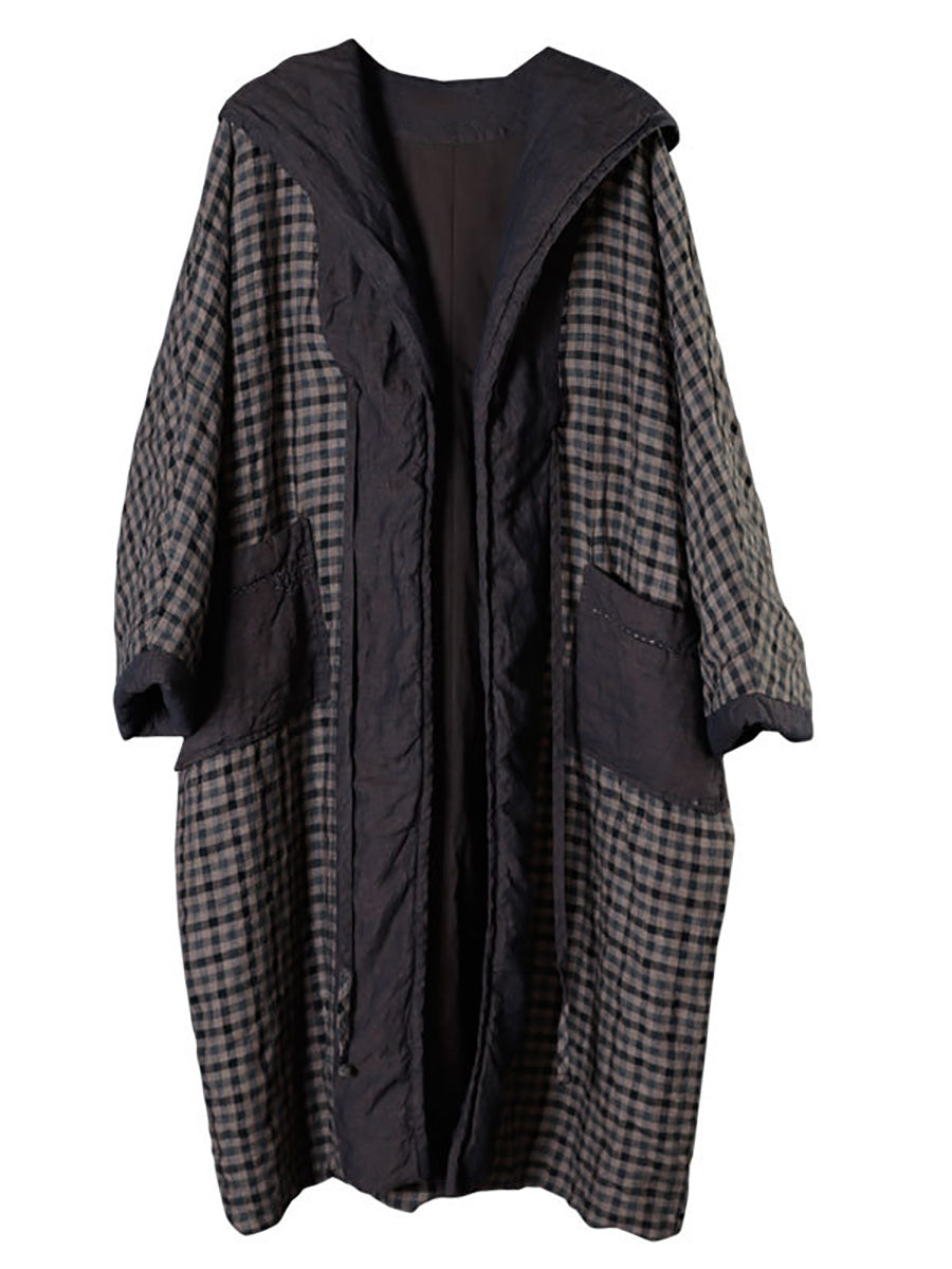 Autumn Plaid Colorblock 100%linen Hooded Coat Ah1083