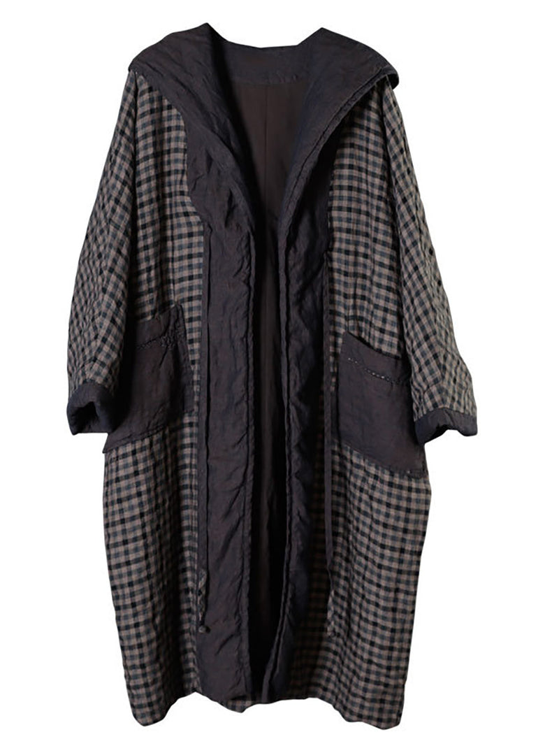 Autumn Plaid Colorblock 100%linen Hooded Coat Ah1083