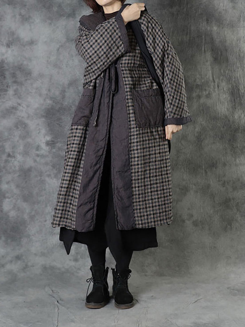 Autumn Plaid Colorblock 100%linen Hooded Coat Ah1083