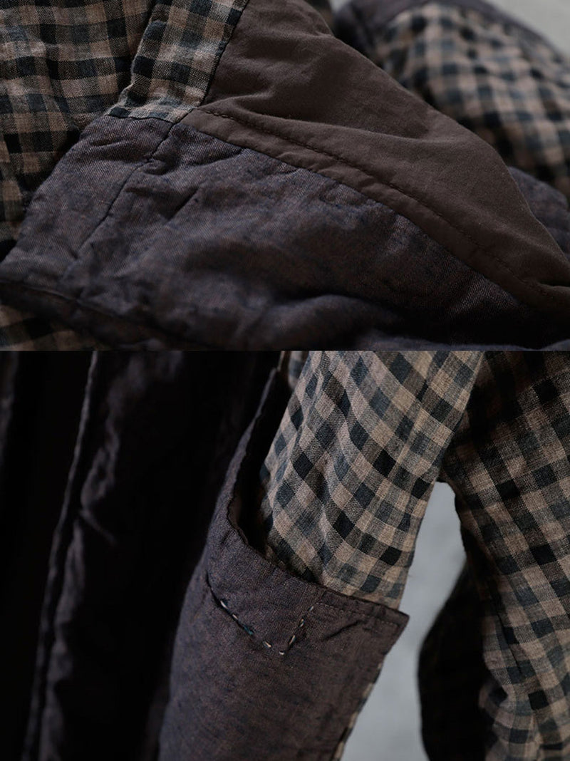 Autumn Plaid Colorblock 100%linen Hooded Coat Ah1083