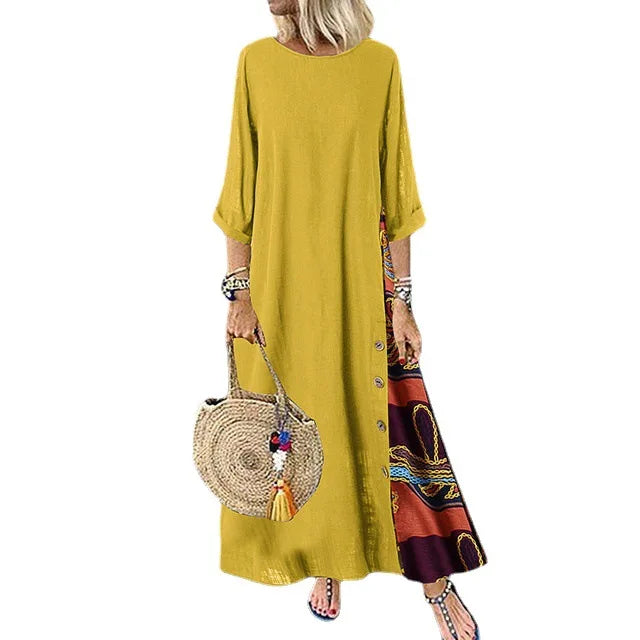 Cotton Linen Long Dresses Three Quarter Sleeves Splicing Print Loose A-line Dress Lady Maxi Vestido
