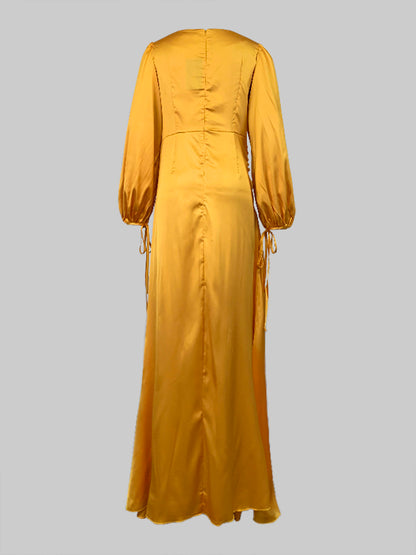 Look-thin Pleated Color V-cut Long Sleeves Maxi Dresses