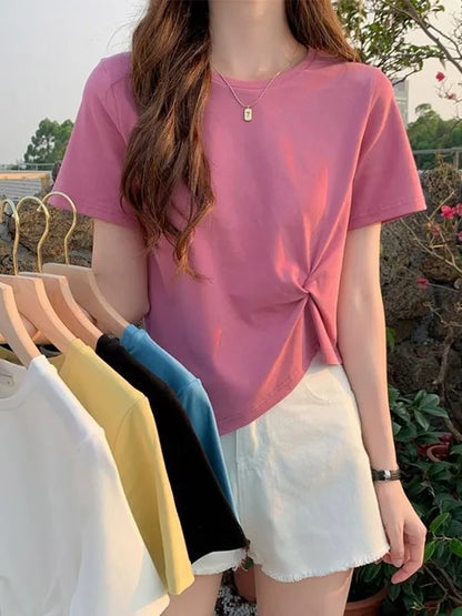 Y2k Irregular T-shirt Summer Skinny T Shirt Femme Short Sleeve Korean Kpop Slim O-neck Tshirt Woman Clothes Top