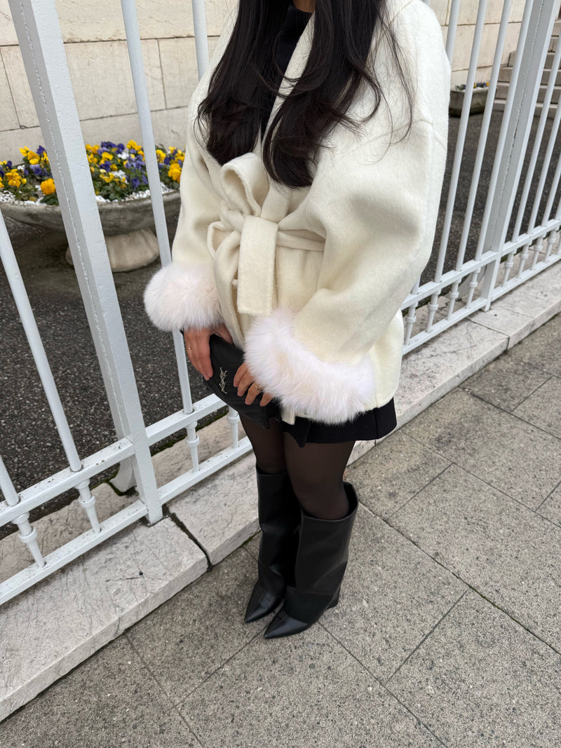 Beige Wool Coat With Fur