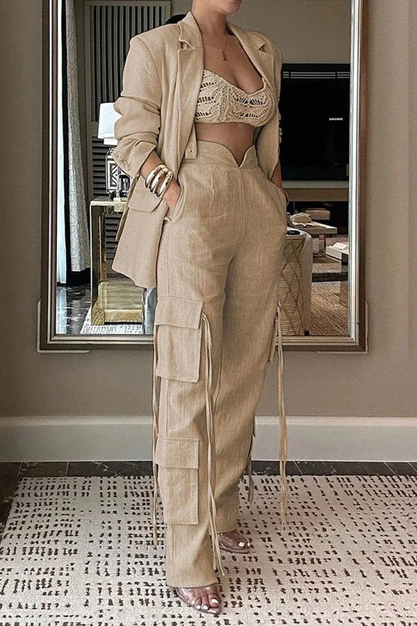 Stylish Lapel Long Sleeve Loose Jacket and Pocket Lace-up Straight Leg Pants Set