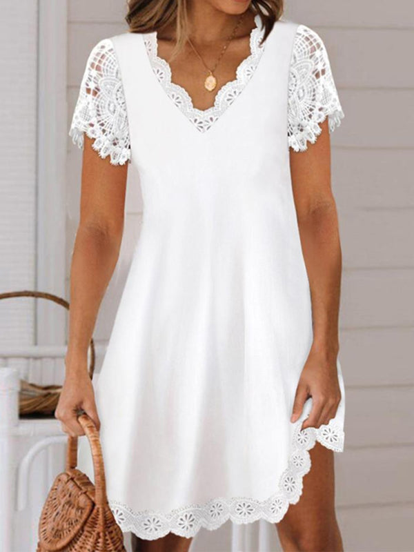 Loose Short Sleeves Color Split-joint V-neck Mini Dresses