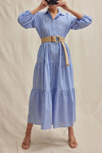 Color Lapel Elastic Cuffs Loose Maxi Dress