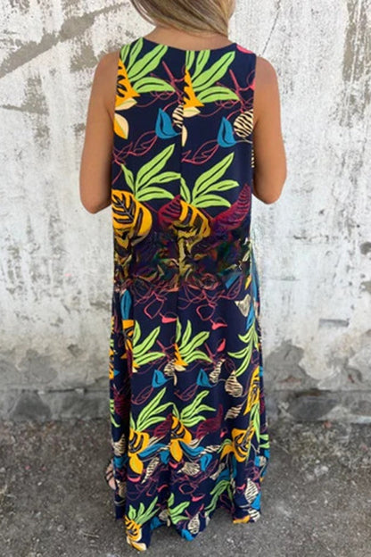 Botanical Print V-neck Pocket Loose Maxi Dress