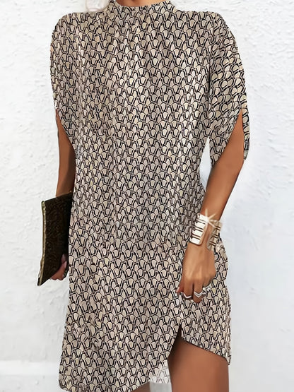 Batwing Sleeves Loose Printed Round-neck Mini Dresses