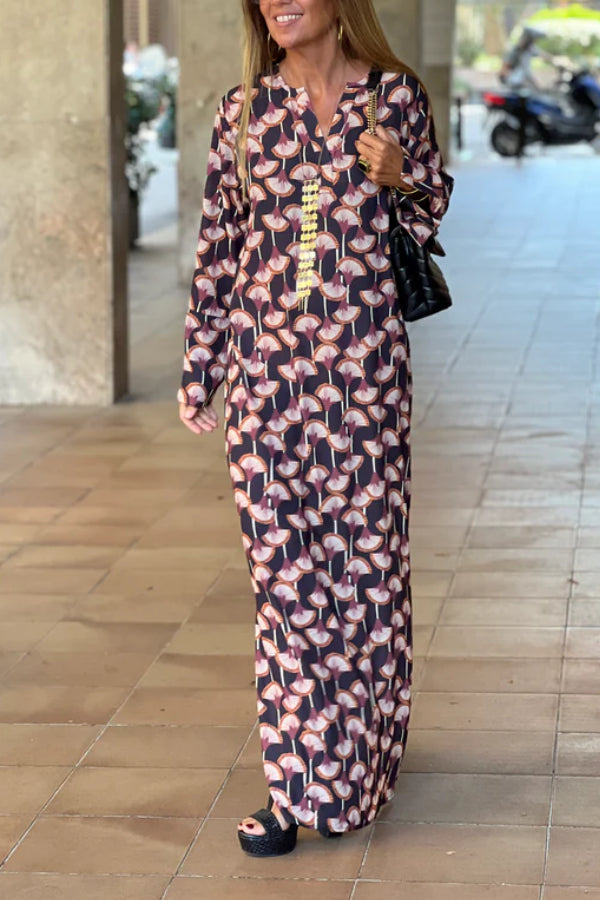 Printed V Neck Long Sleeve Maxi Dress