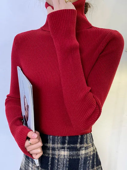 New Pullover Turtleneck Sweater Autumn Long Sleeve Slim Elastic Korean Simple Basic Jumper Color Top