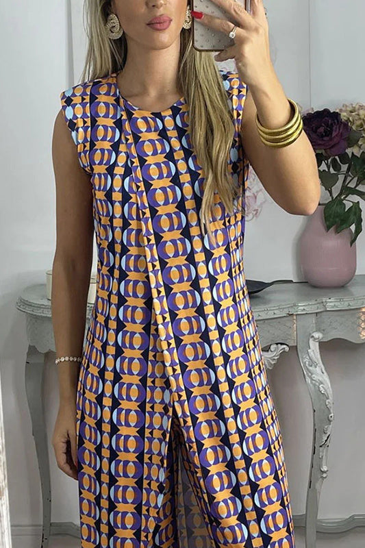 Retro Print Split Top Two-piece Set