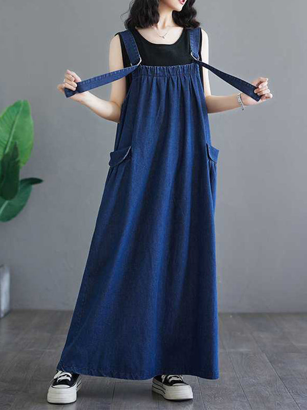 A-line Loose Pleated Pockets Split-joint Spaghetti-neck Maxi Dresses Suspender Dress