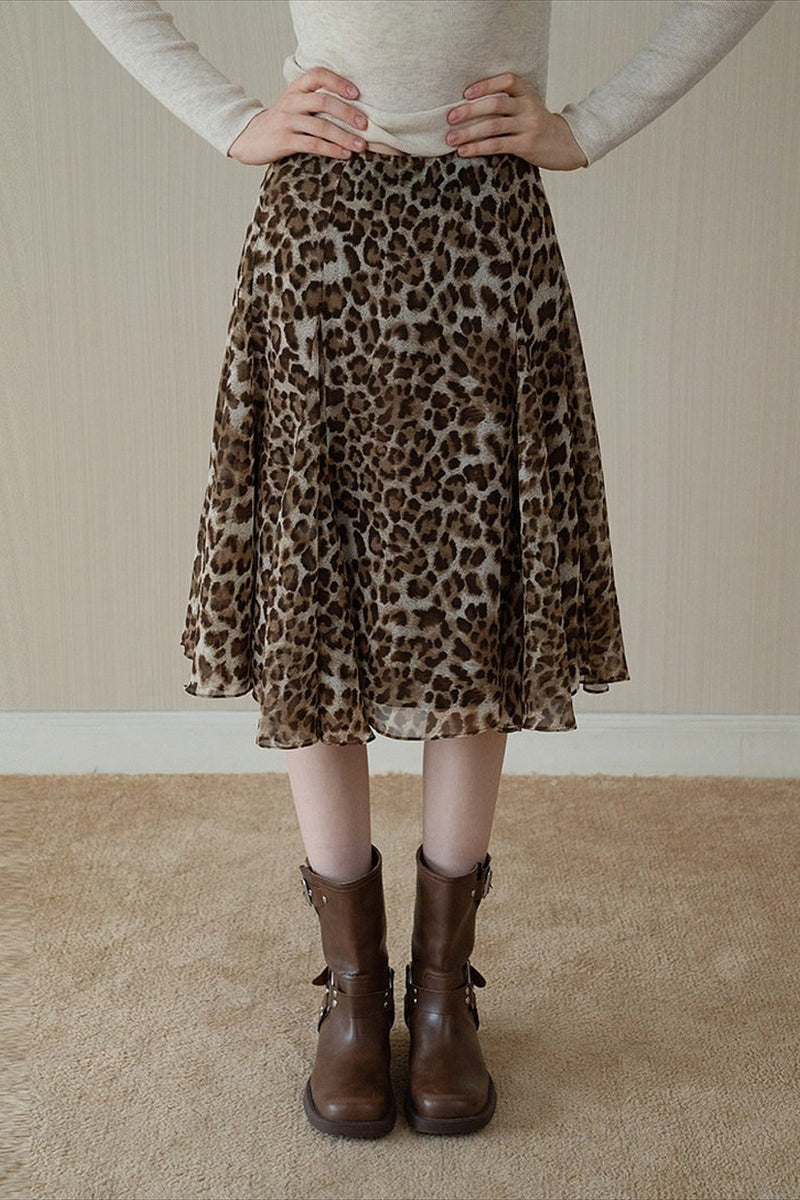 Leopard Draped Ruffled a Line Midi Skirt