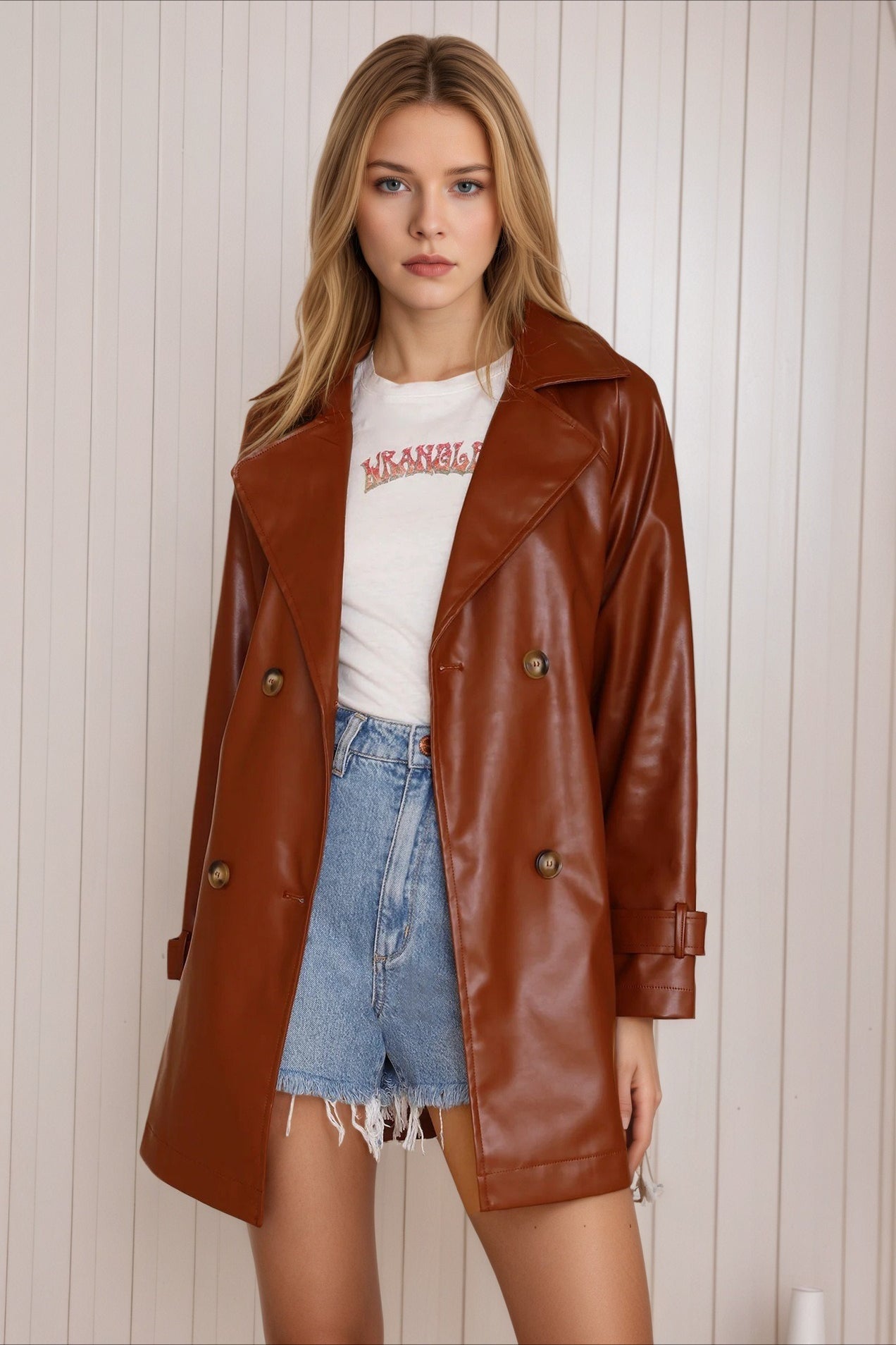 Brown Mid-length Fitted Leather Coat