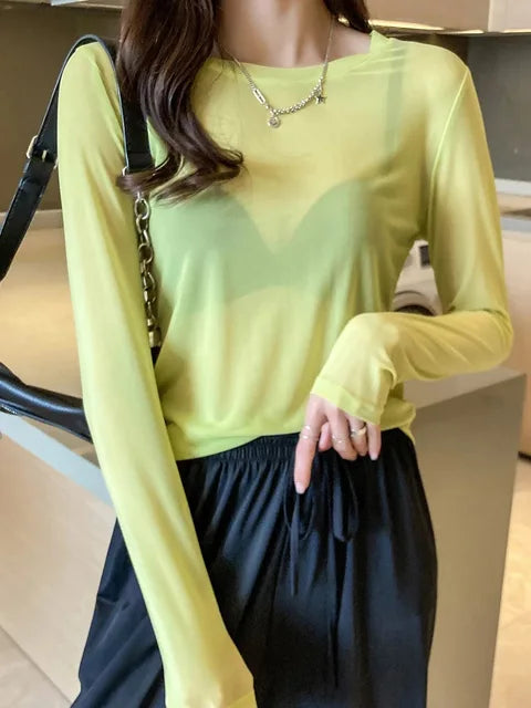 Summer Korean Mesh T-shirts Transparent Tops for Loose White Transparent Office Lady Shirts