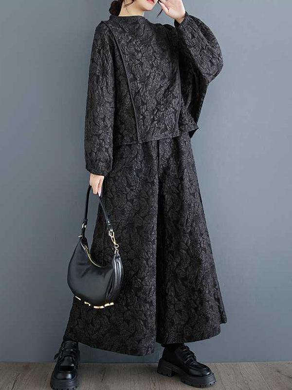 Classy Black Round-neck Jacquard Raglan Long Sleeve and Elastic Waist Pockets Wide Leg Pants Set Ws014