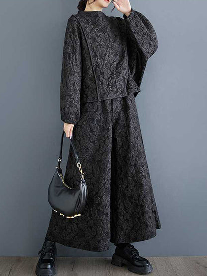 Classy Black Round-neck Jacquard Raglan Long Sleeve and Elastic Waist Pockets Wide Leg Pants Set Ws014
