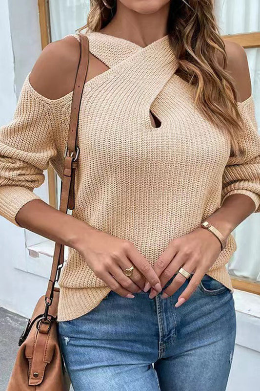 Color Off-shoulder Cross Halter Neck Lantern Sleeve Sweater