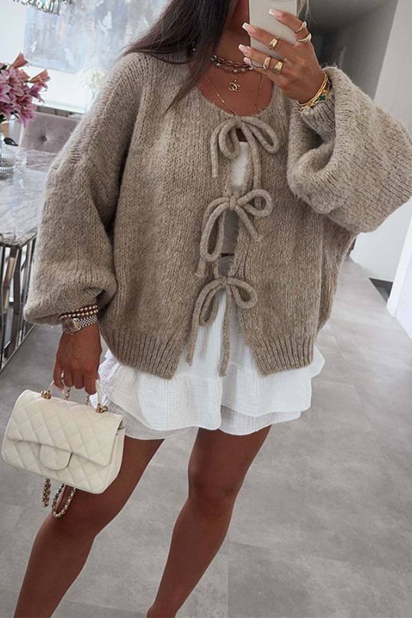 Stylish Color Crew Neck Lace-up Sweater