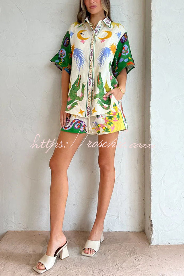 Days of Heaven Linen Blend Unique Print Blouse and Elastic Waist Pocketed Shorts Set