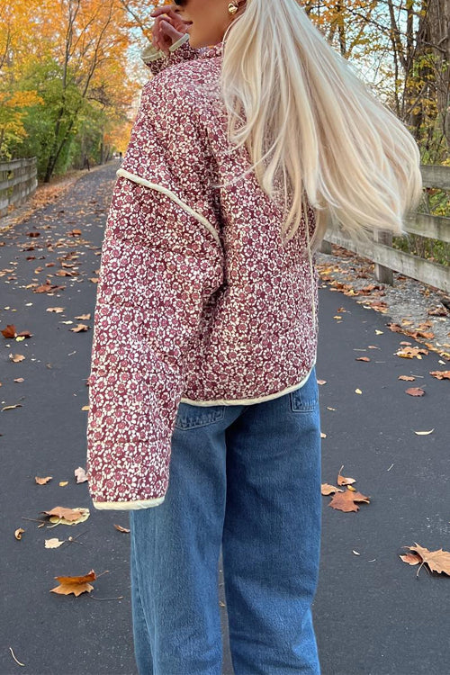 Stand Collar Open Front Print Quilted Coat