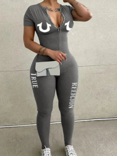 Spring Summer V-neck Long Sleeve Zipper Skinny Sportswear Jumpsuit