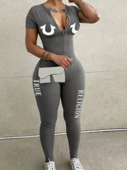 Spring Summer V-neck Long Sleeve Zipper Skinny Sportswear Jumpsuit