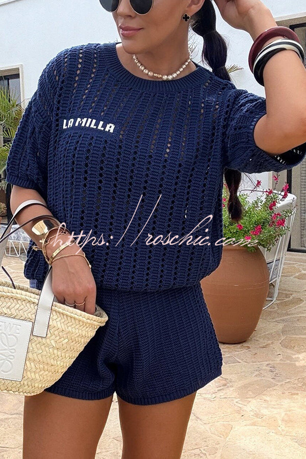 Fashionable Hollow Knit Short-sleeved Top and Elastic High-waist Shorts Set