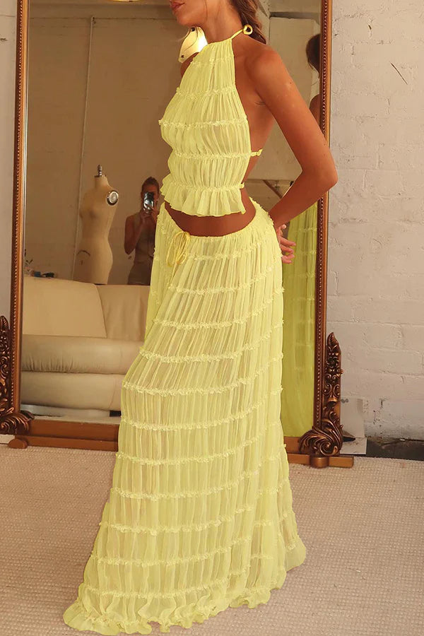 Versatility and Charm Pleated Drawstring Waist Tiered Maxi Skirt