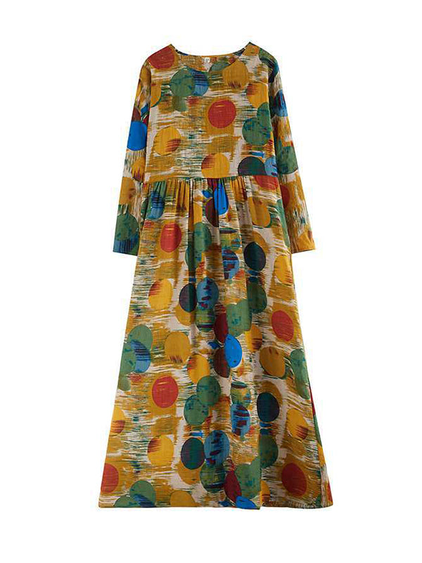 A-line Long Sleeves Pleated Polka-dot Split-joint Round-neck Maxi Dresses