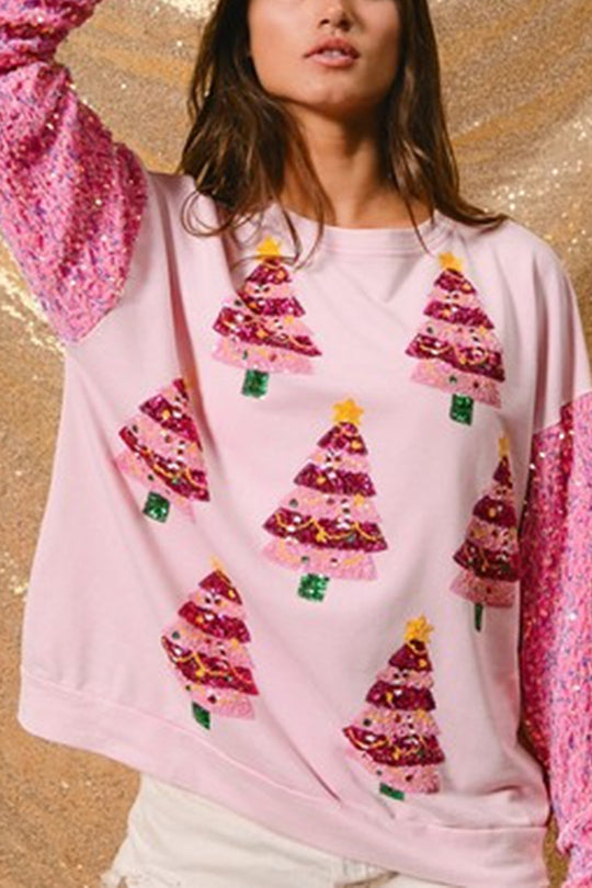 Christmas Loose Round Neck Sequined Sleeve Sweatshirt