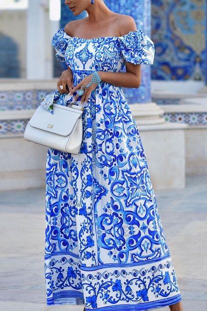 Enjoy the Adventure Printed Off Shoulder Puff Sleeve Maxi Dress